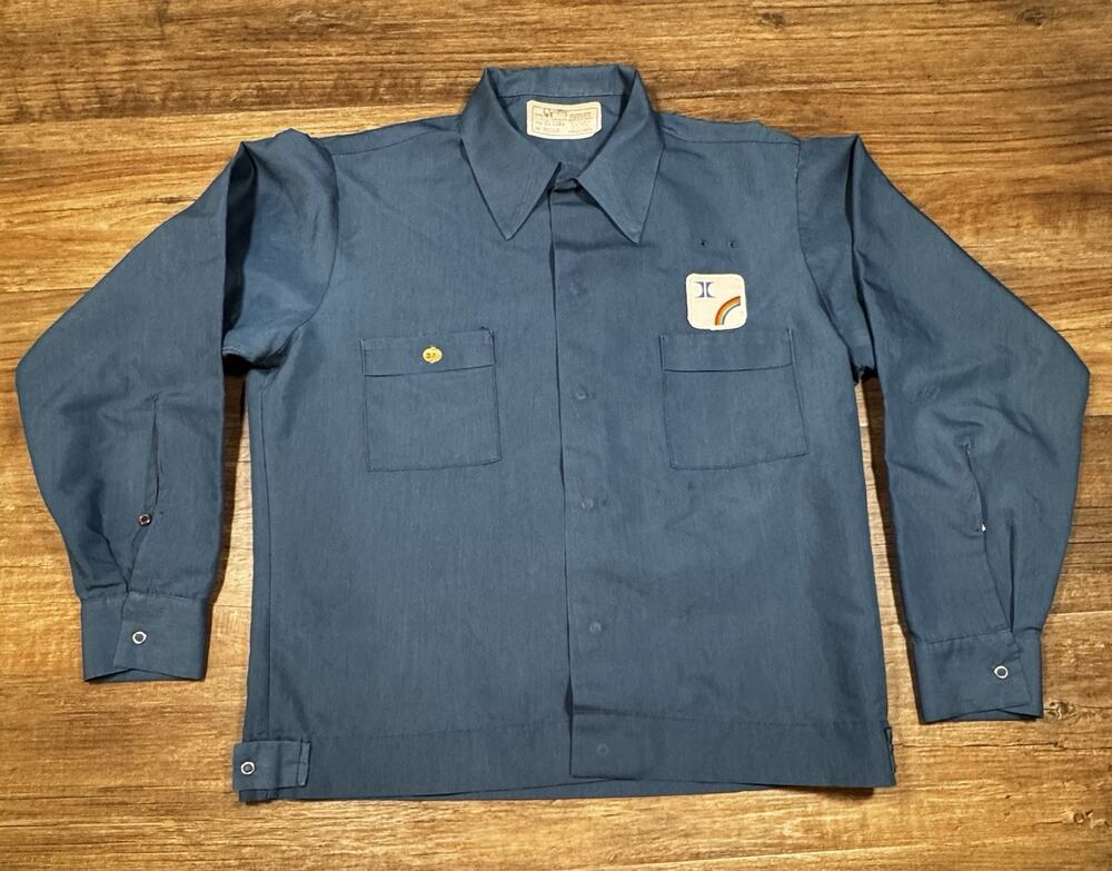 Vintage Angelica USA Work Shirt Jacket Rainbow Patch Medium Blue Utility Uniform